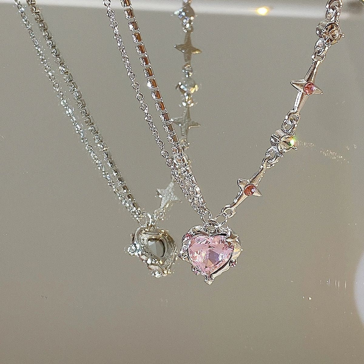 Wholesale Pink rhinestone heart necklace clavicle chain